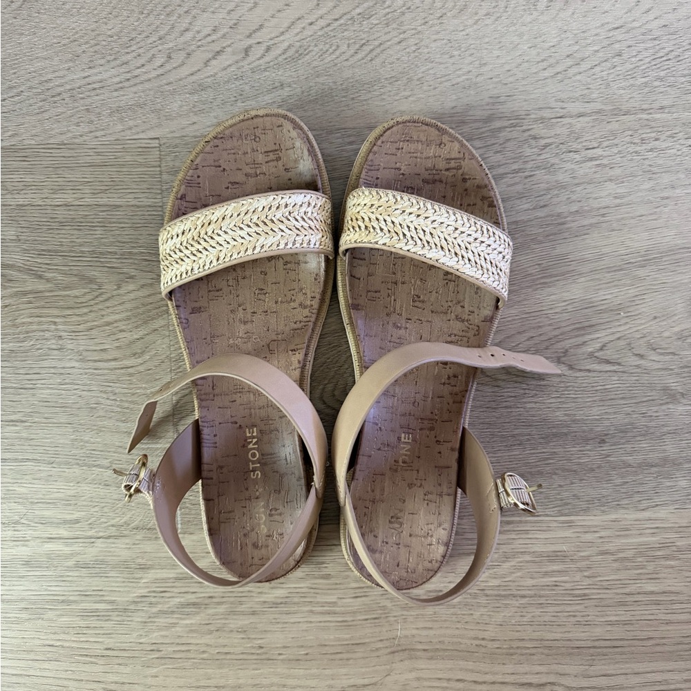 Beige Women’s Ankle-Strap Sandals with Woven Detail